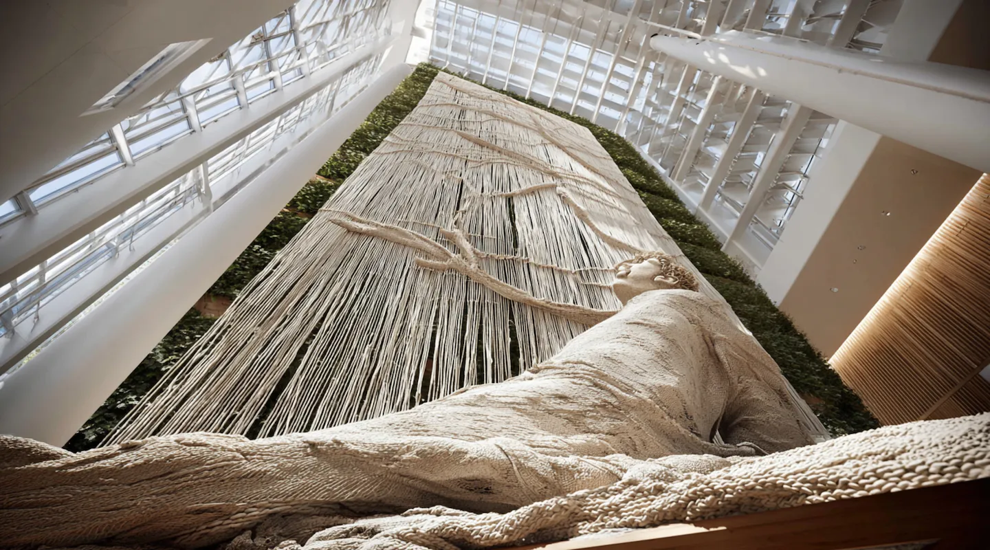 Tapiz mural de jardín vertical en macramé con diseño balinés, presidendo el vestíbulo de una sede corporativa moderna – Samore Studio